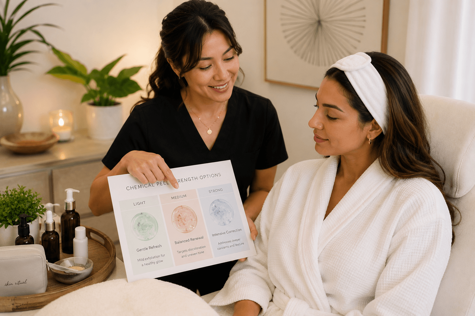 Esthetician applying a customized chemical peel solution to a client's face in Chandler, Arizona