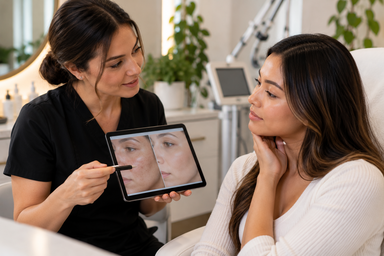 Woman researching laser skin resurfacing alternatives during a skincare consultation in Chandler, Arizona