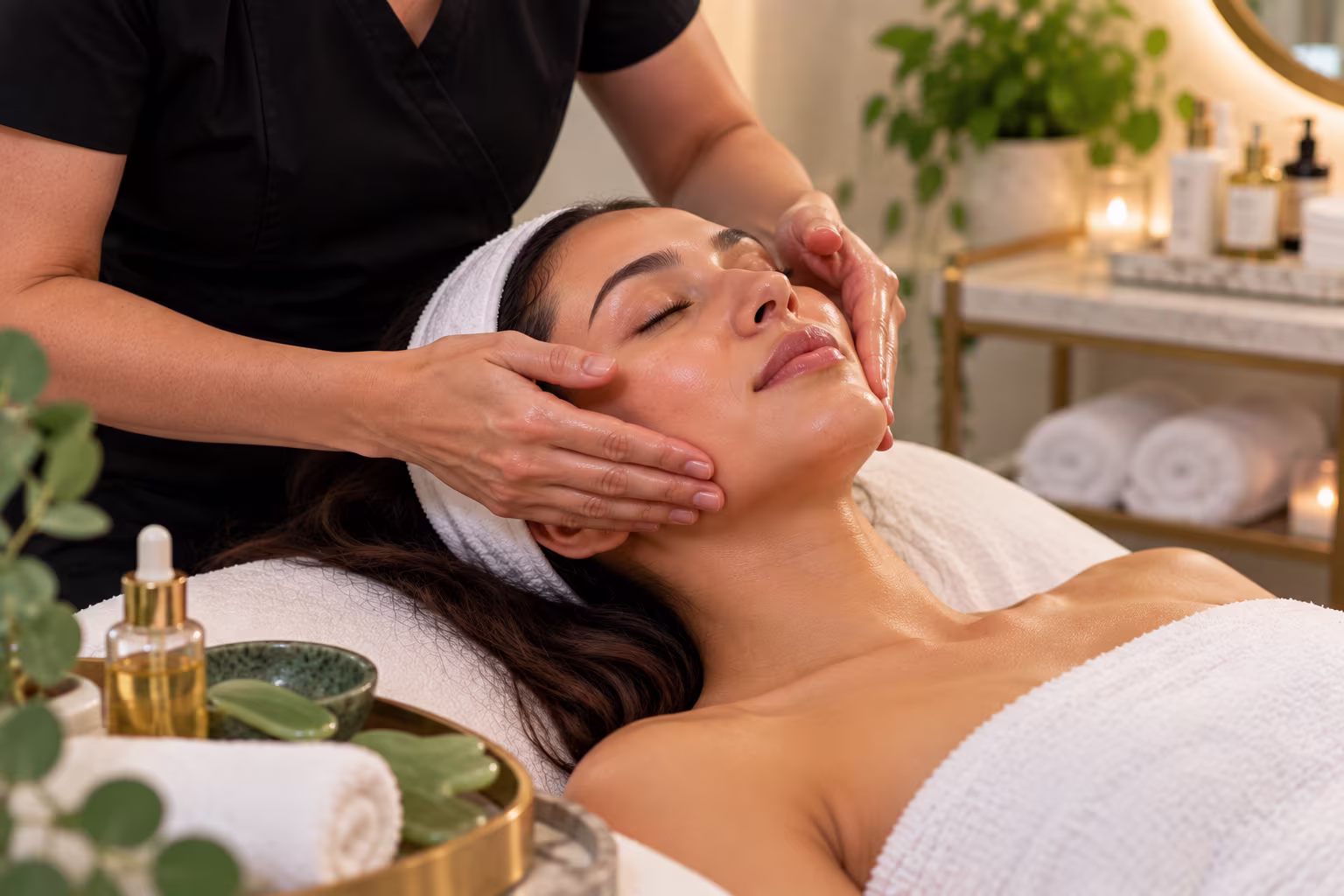 Esthetician performing a gua sha facial massage ritual on a client in Chandler, Arizona