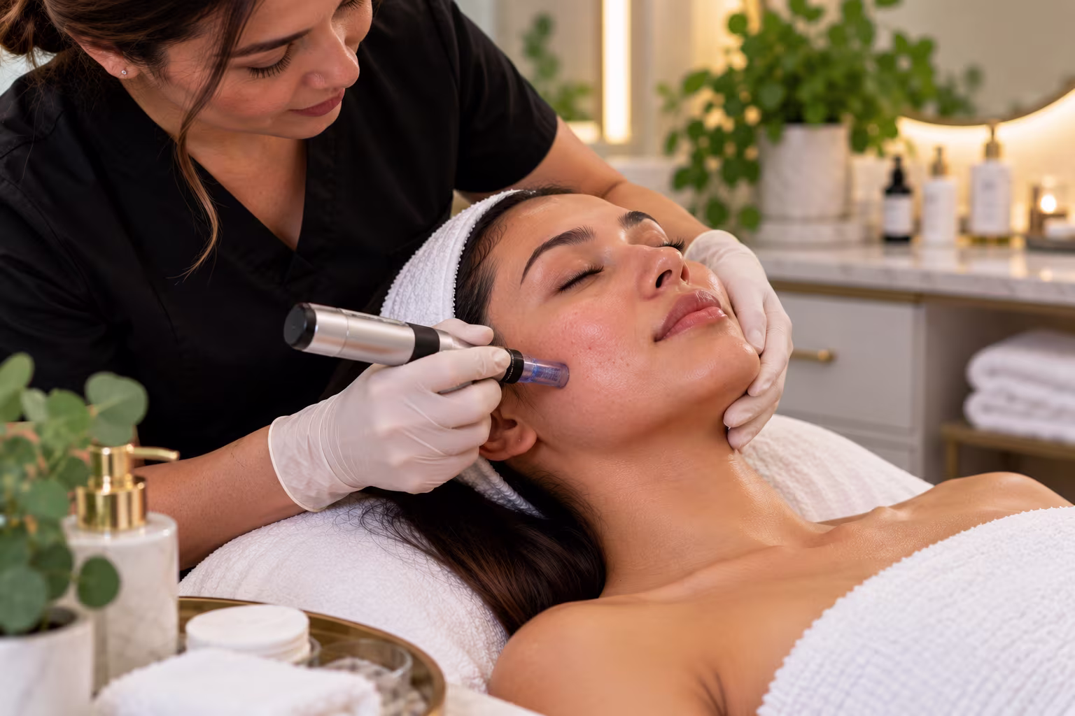 Esthetician performing a microneedling treatment on a client's face in Chandler, Arizona