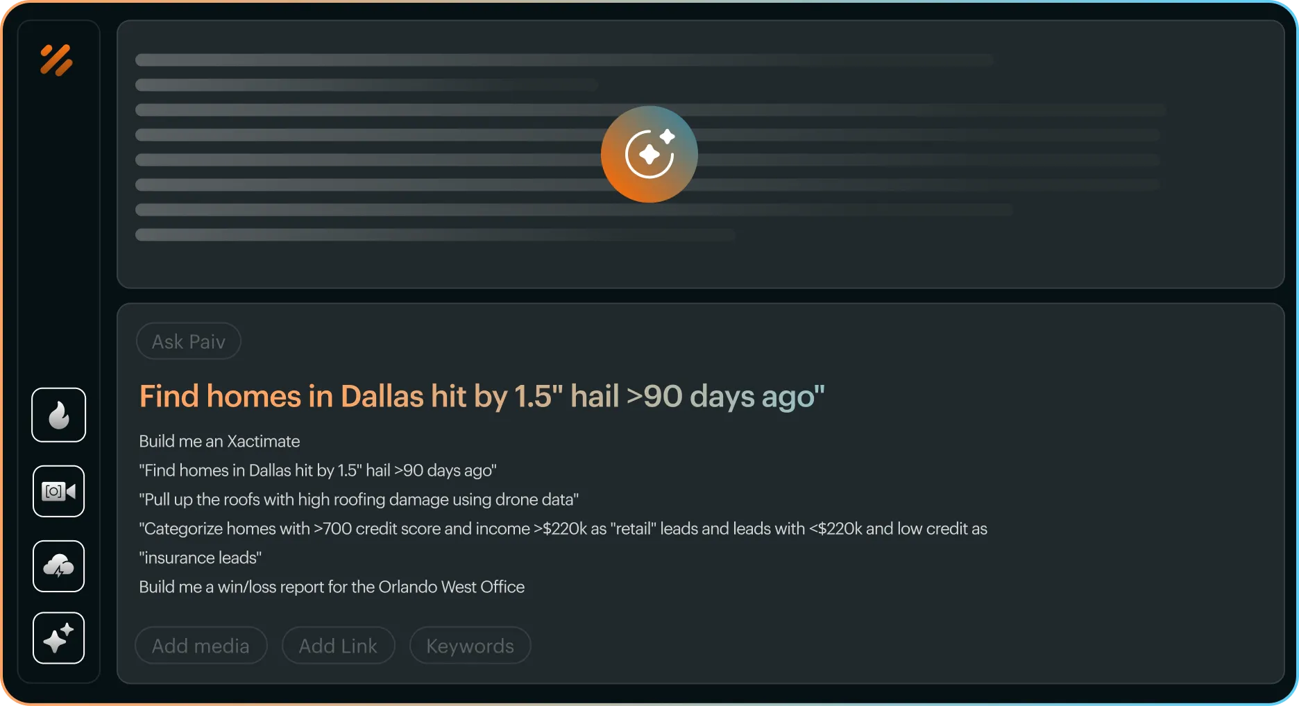  Paiv Find tool interface showing filters for weather, permits, homeowner, and drone data to identify high-intent roofing leads.