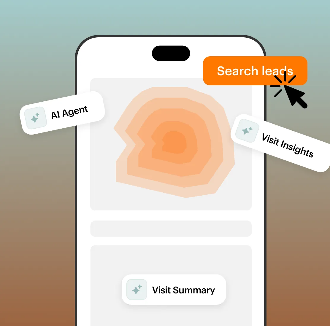 Paiv mobile interface illustrating AI-powered lead search, visit insights, and high-intent lead detection.