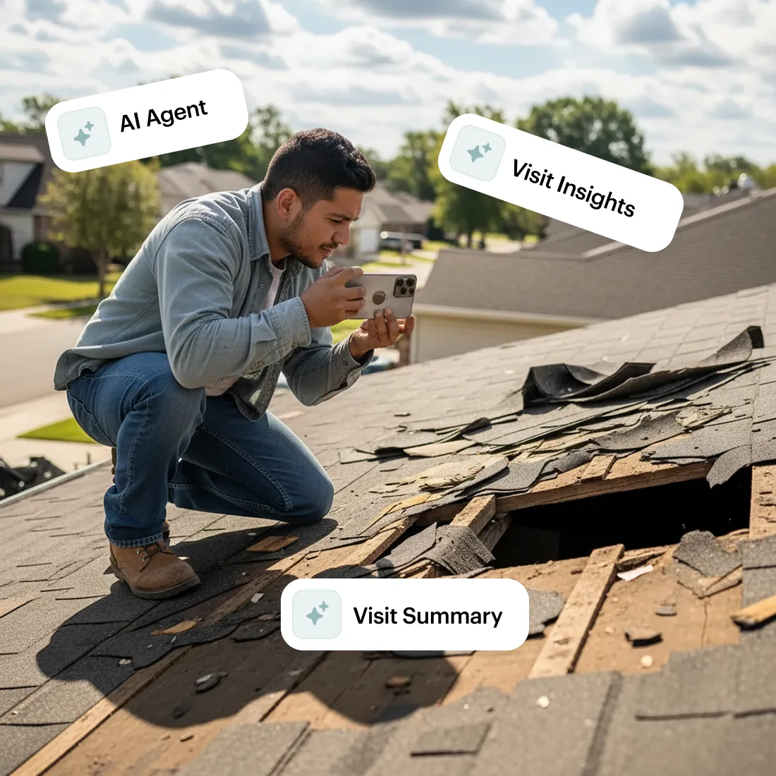 Roofing rep capturing photos of roof damage with Paiv to generate AI-powered reports and summaries.