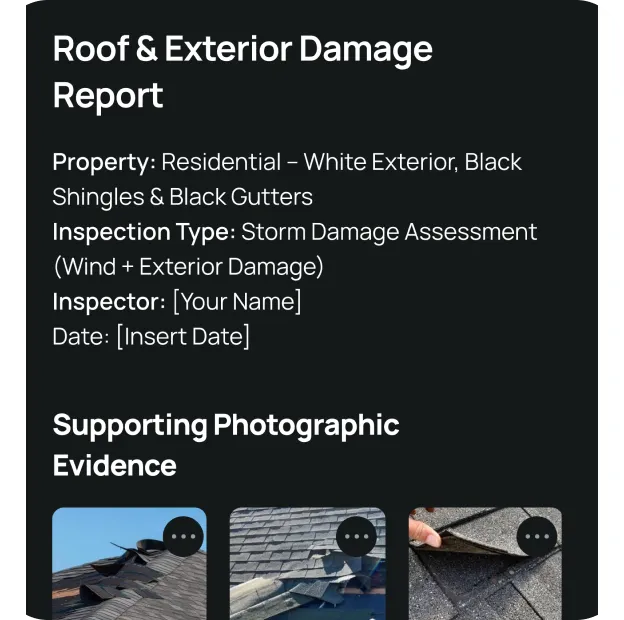 Roof & Exterior Damage Report for residential property with white exterior, black shingles, and gutters, including storm damage assessment and supporting photos of roof damage.