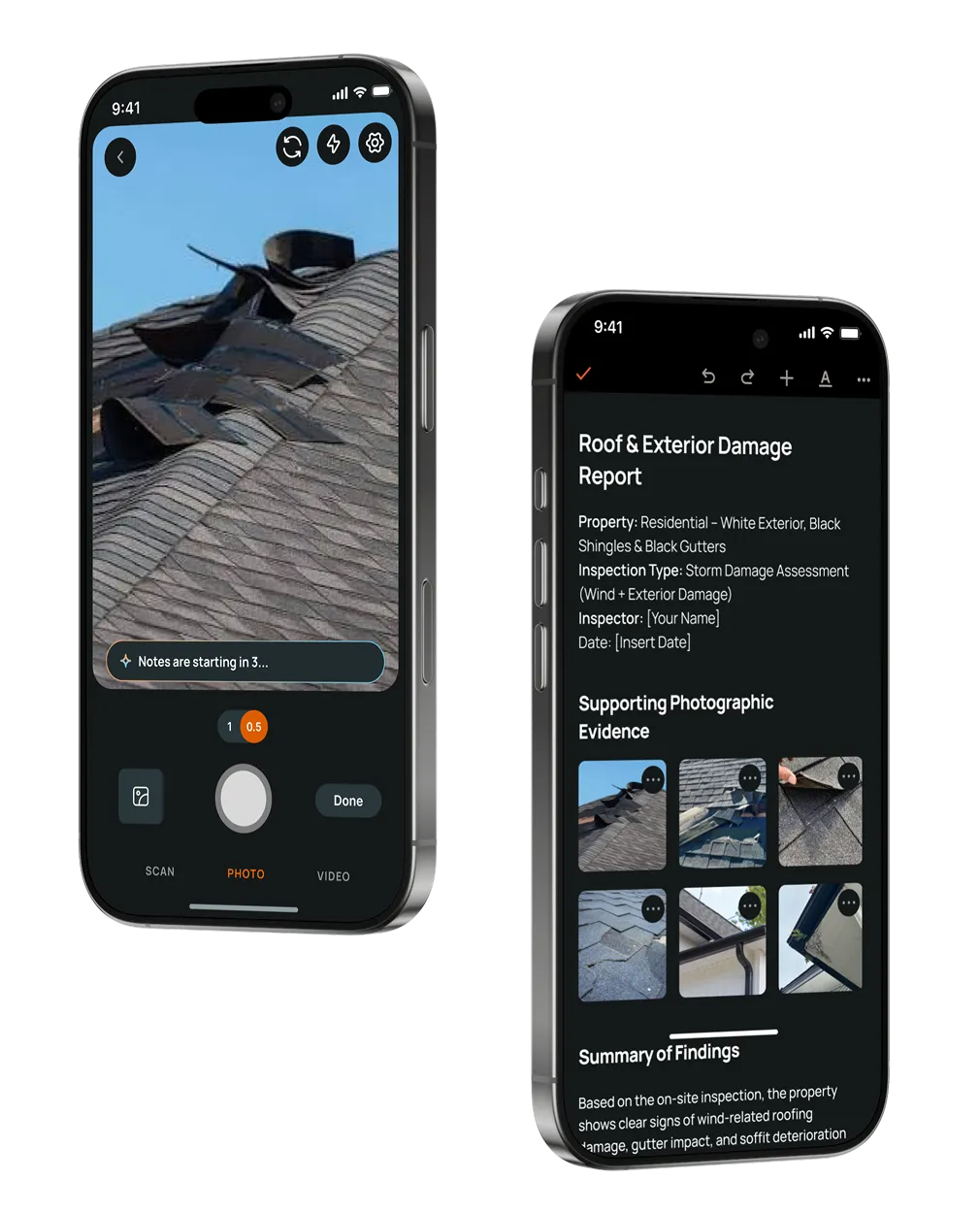 Left: FieldCam capturing roof damage photos
Right: Paiv AI-generated damage report with supporting photos
