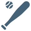 Blue baseball bat and ball icon on white background.