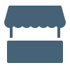 Icon of a market stall with a striped canopy and empty rectangular sign below.