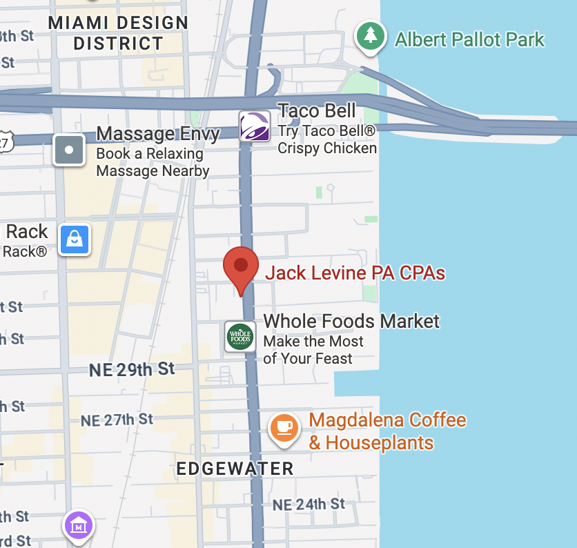 Map showing locations in Miami Design District and Edgewater, including Jack Levine PA CPAs, Taco Bell, Whole Foods Market, and Magdalena Coffee & Houseplants near Albert Pallot Park.