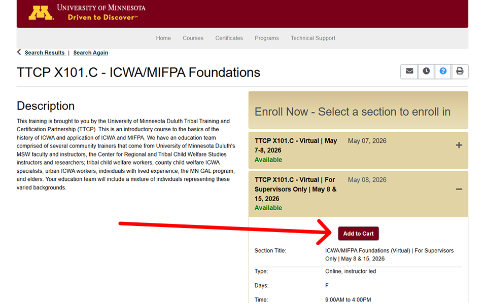 Screenshot of register button on UMN.edu DORS sight