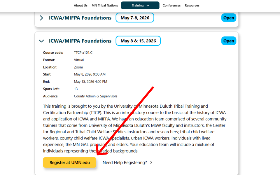 Screen shot of where to click register at UMN.edu