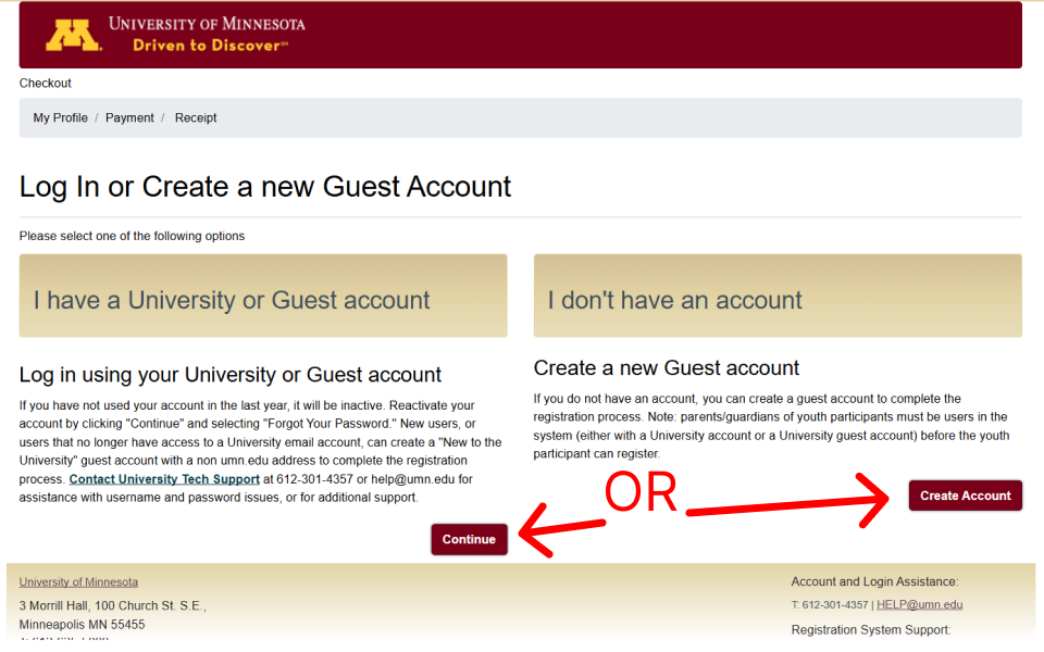 UMN Guest Log In Page screen shot