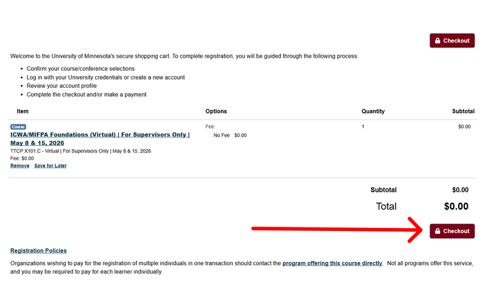 Screenshot of Check Out Page at UMN.edu