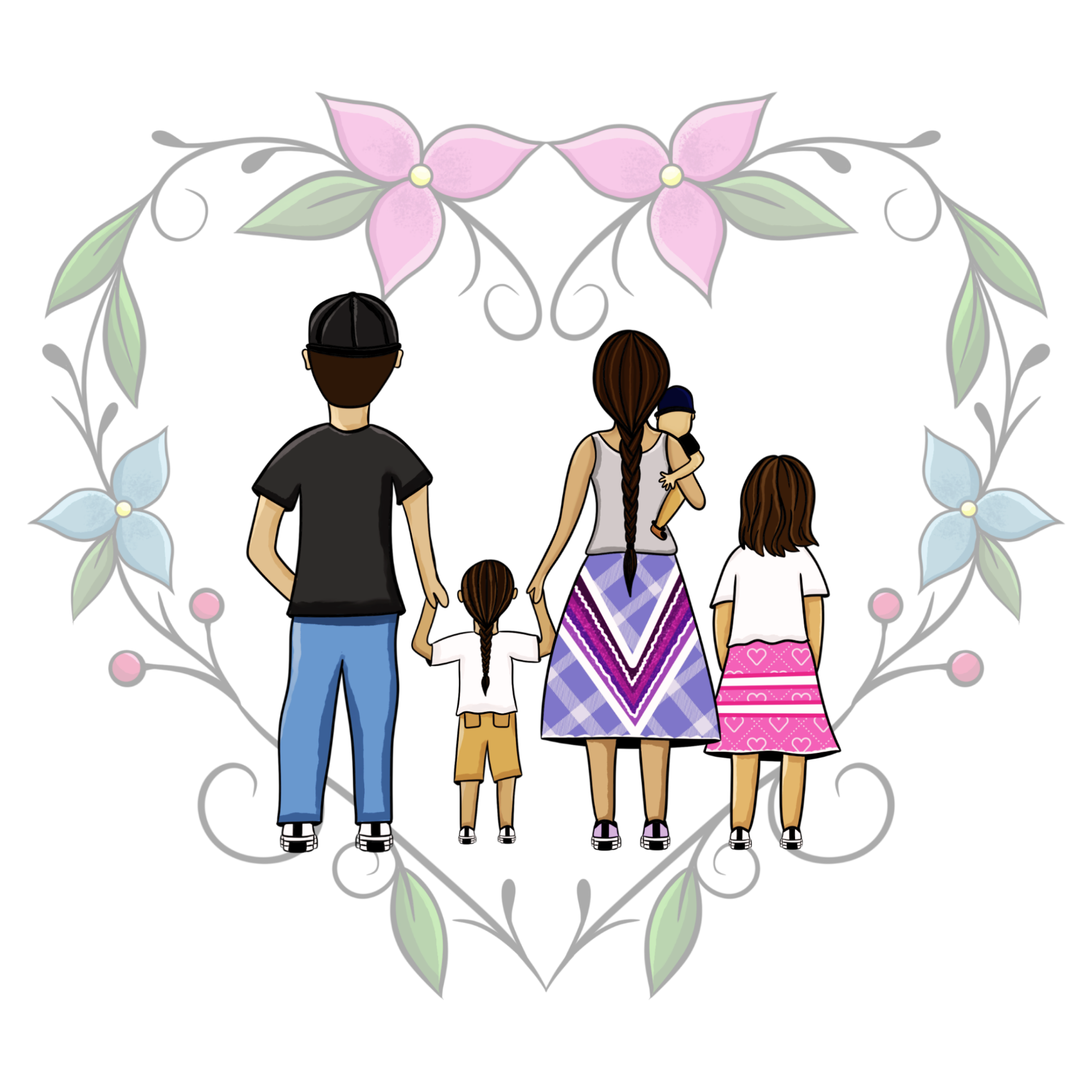 Illustrated Native family surrounded by Ojibwe floral designs forming a heart, representing family, kinship, care, and culturally grounded support for Native children and communities.