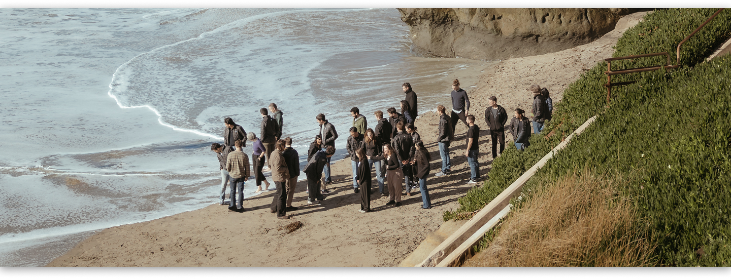 Group of people gathered and standing on a sandy beach near ocean waves and grassy cliffs.