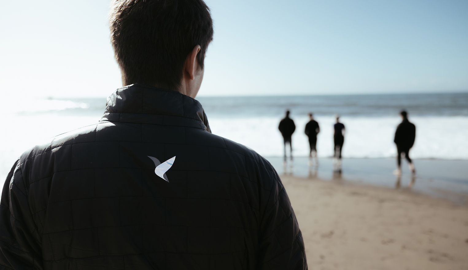 Person wearing a black jacket with a bird logo on the back, facing the ocean shore where four people stand near the water.