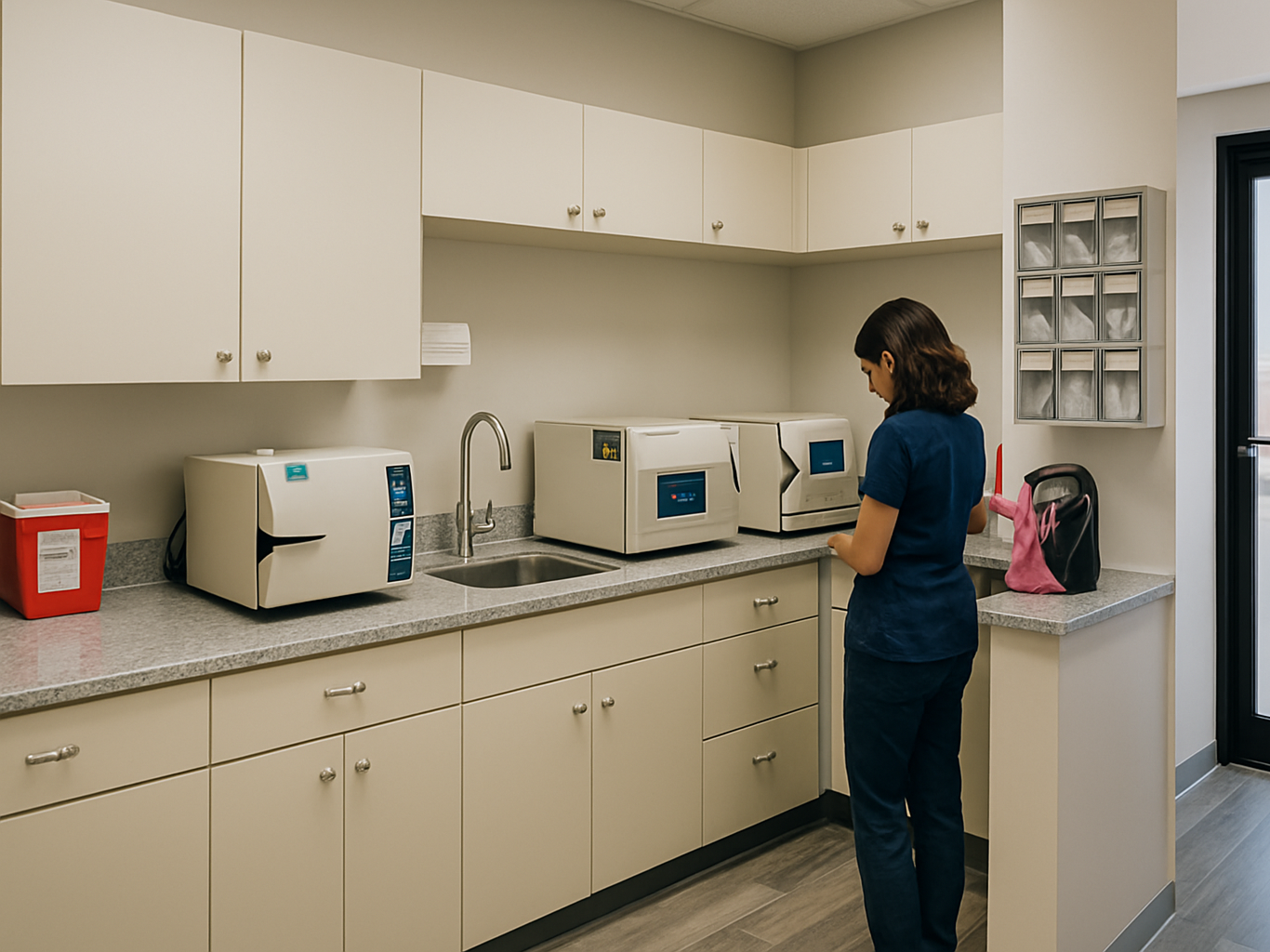 Medical professional in navy scrubs working in a clean clinical sterilization room with autoclave machines and cabinets.