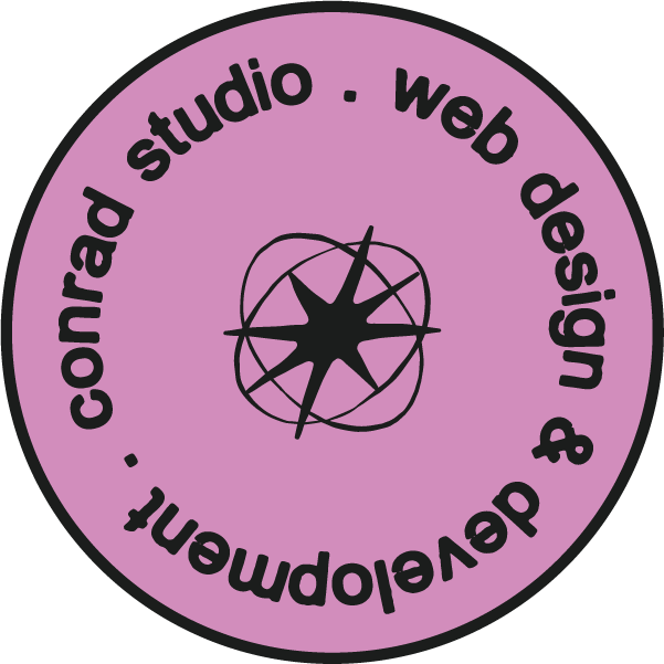 Circular logo with a black star and orbit lines in the center, surrounded by the text 'conrad studio · web design & development' on a pink background.