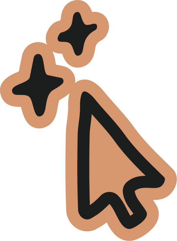 Black computer mouse cursor icon with two sparkles above, outlined in brown.