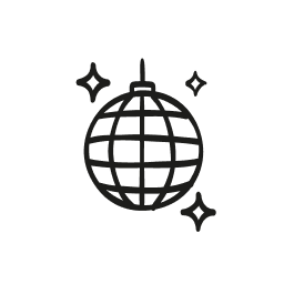 Black outline of a disco ball with three sparkles around it.