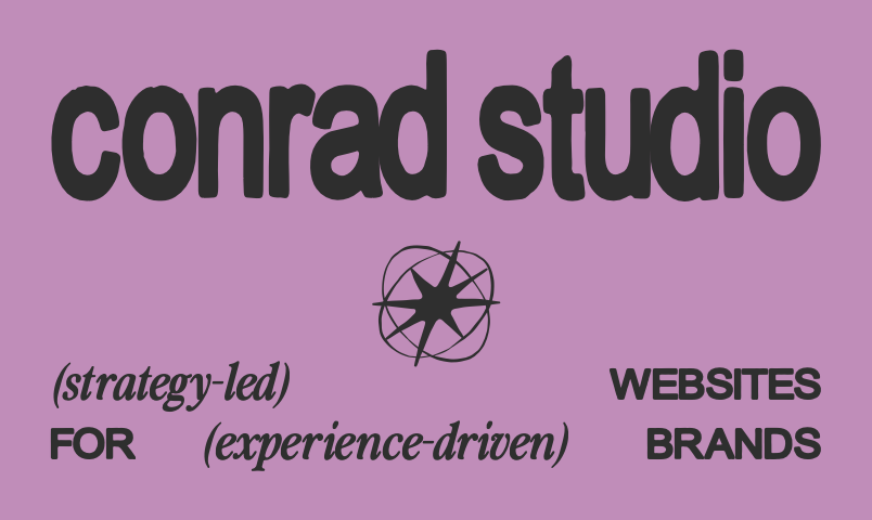 Business card with 'conrad studio' text and a compass icon, describing strategy-led, experience-driven websites and brands.