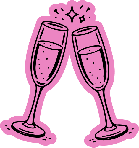 Two champagne glasses clinking with celebratory sparkles above.
