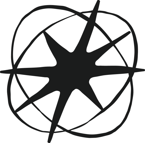 Black stylized star with eight uneven points overlapping a rounded diamond-shaped outline.
