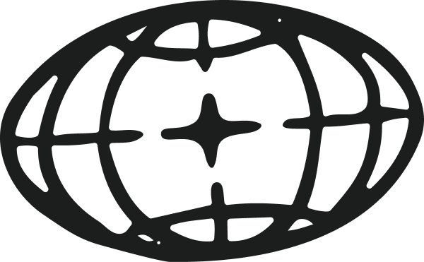 Stylized black and white globe icon with latitude and longitude lines in an oval shape.