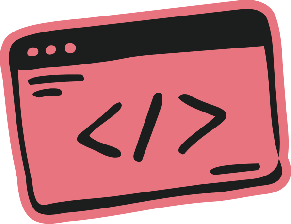 Illustration of a slanted pink computer window with black coding brackets symbol inside.