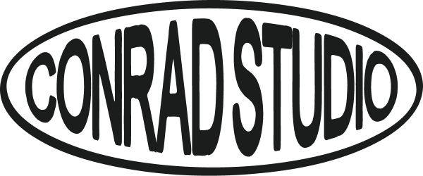 Conrad Studio text in black stretched inside an oval shape.