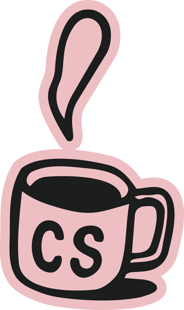Pink coffee cup with black outline and steam rising, featuring the letters 'CS' on its side.