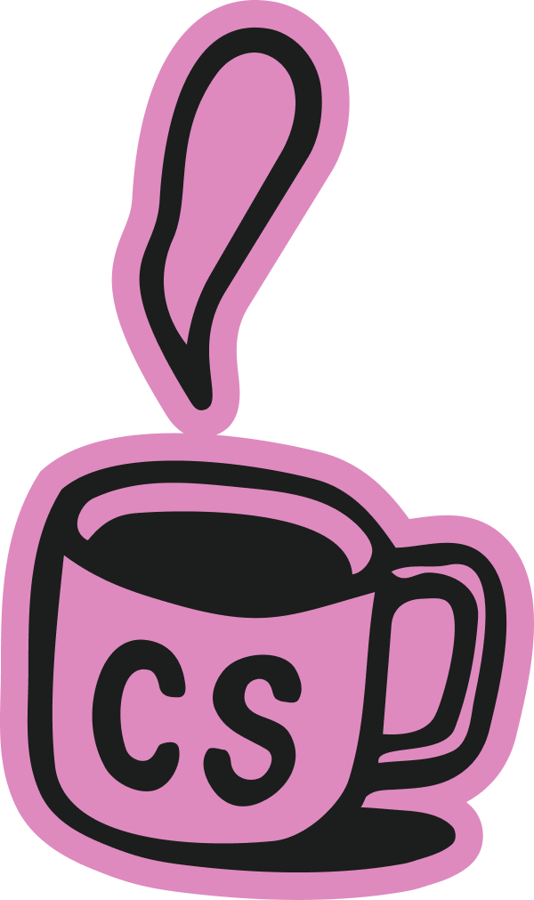 Pink coffee cup with black outline and steam rising, featuring the letters 'CS' on its side.