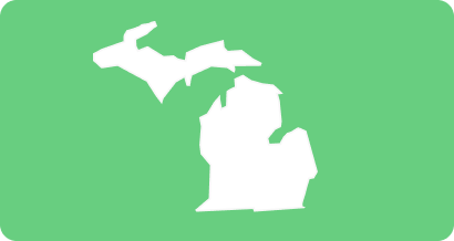White silhouette of Michigan state outline on a green rounded rectangle background.