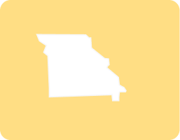 White silhouette of the state of Missouri on a light yellow rounded square background.