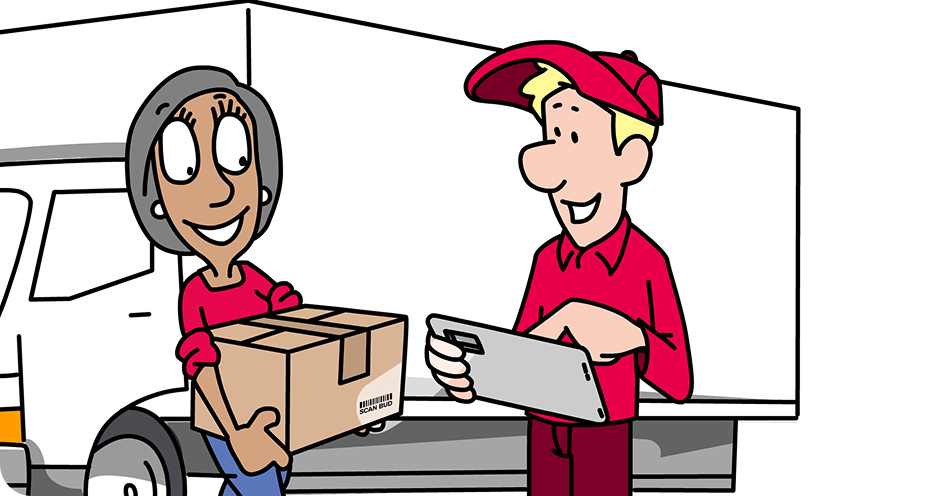 Cartoon woman carrying a cardboard box labeled 'SCAN BUD' and a man in a red cap holding a tablet, standing next to a truck.