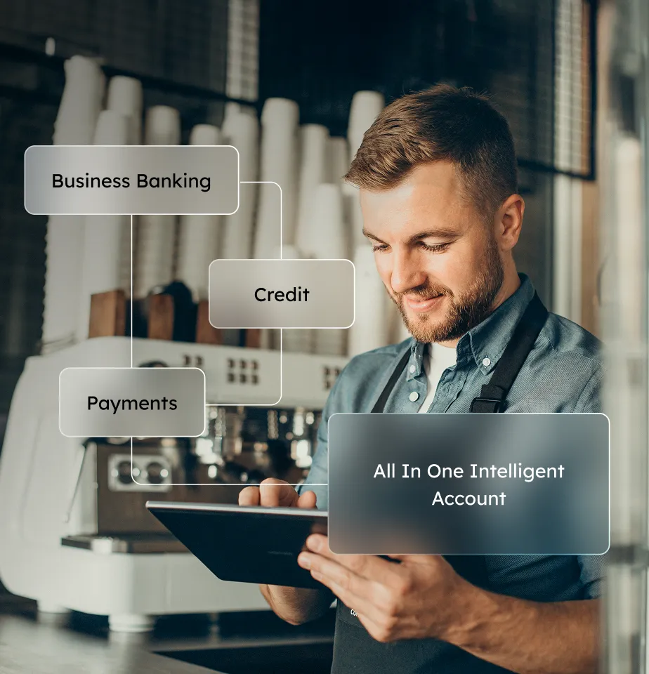 Smiling man in apron using a tablet in a café with overlay text highlighting business banking, credit, payments, and all-in-one intelligent account.