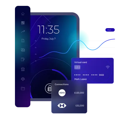 Digital business dashboard showing the time 11:35 on Friday, July 7, with a virtual card for Mark Lopez and connections displaying account balances.