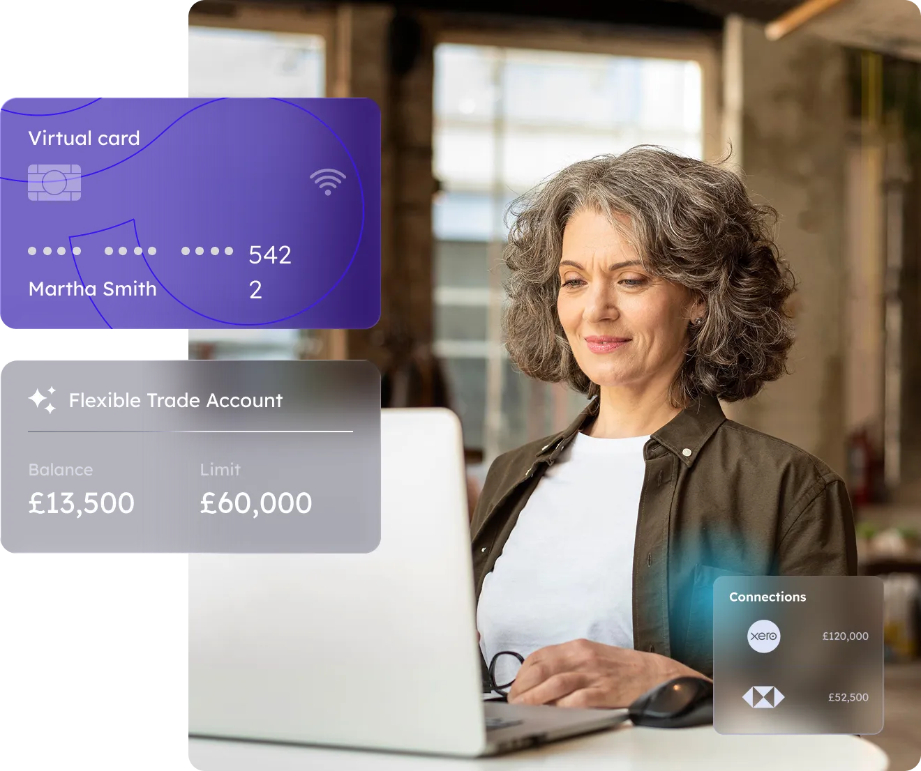 Woman with gray curly hair using a laptop, alongside floating digital cards showing a virtual card for Martha Smith, a Flexible Trade Account with balance £13,500 and limit £60,000, and connections displaying amounts £120,000 and £52,500.