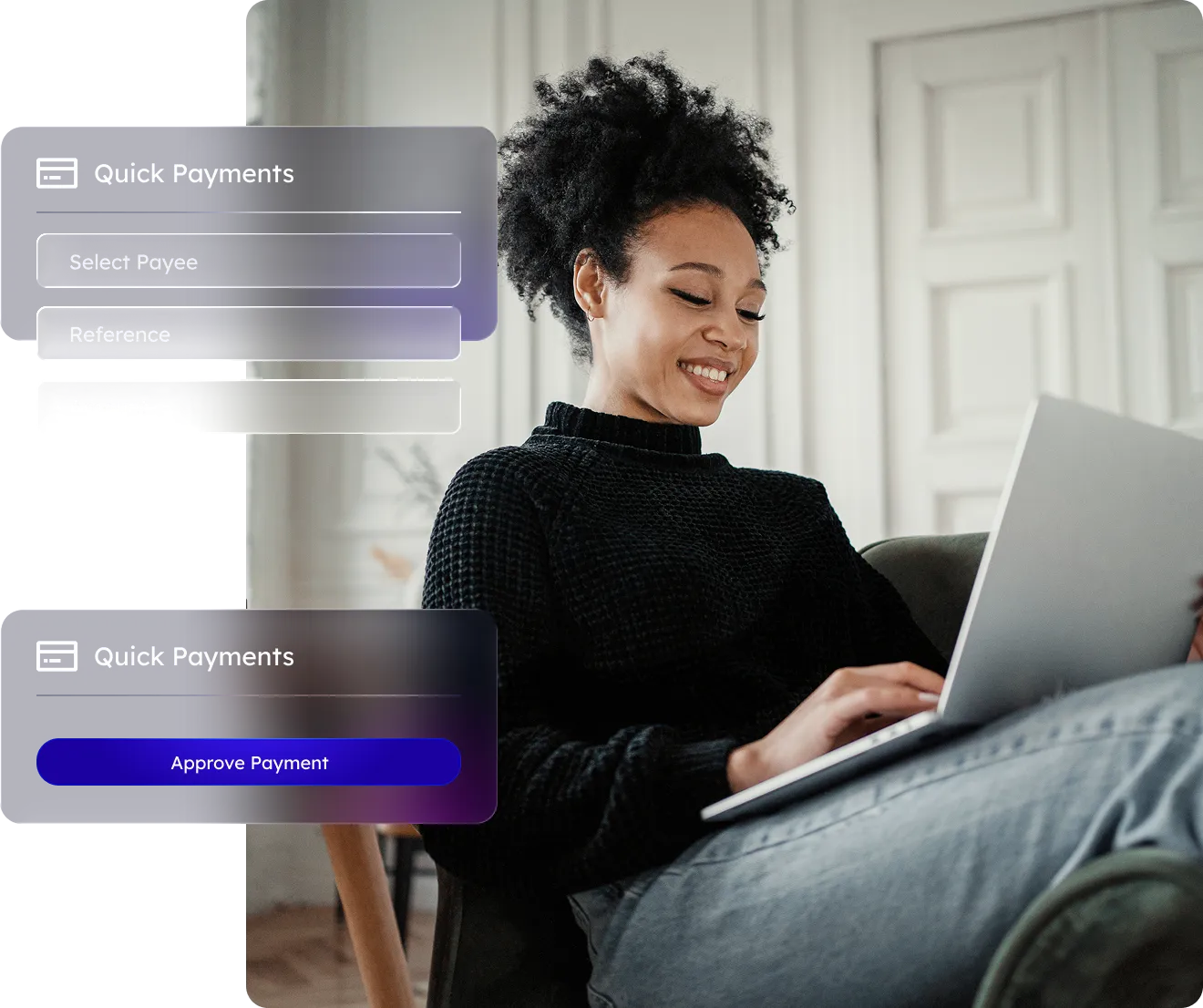 A woman smiling while using a laptop with on-screen graphics showing a quick payments interface including options to select payee, reference, amount, and an approve payment button.