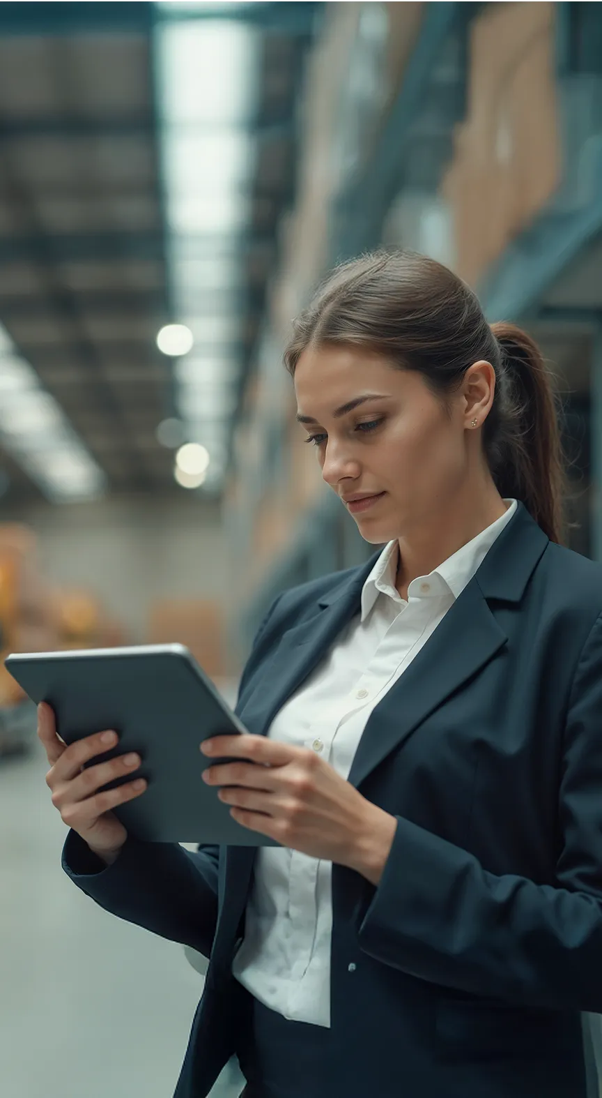 Focused businesswoman in a dark blazer using a tablet inside a warehouse.