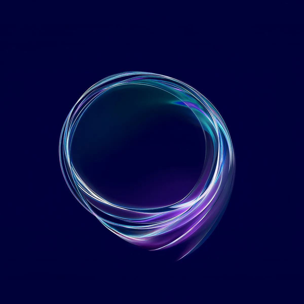Abstract glowing ring with swirling light trails in blue and purple hues against a dark background.