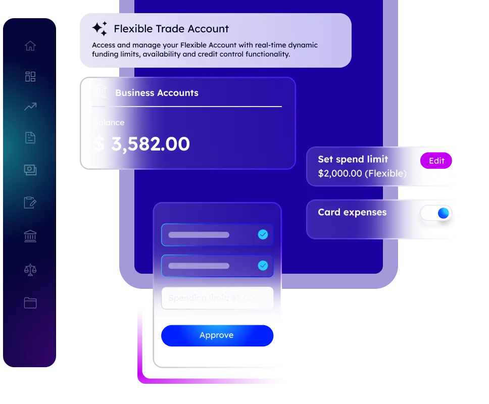 Dashboard interface showing a Flexible Trade Account with a Business Account balance of $3,582.00, options to set a $2,000 spend limit with edit button, toggle for card expenses, and an approve button.