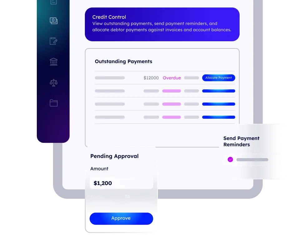 User interface showing Credit Control dashboard with sections for Outstanding Payments listing amounts and status, a Pending Approval area showing a $1,200 amount with Approve button, and an option to send payment reminders.