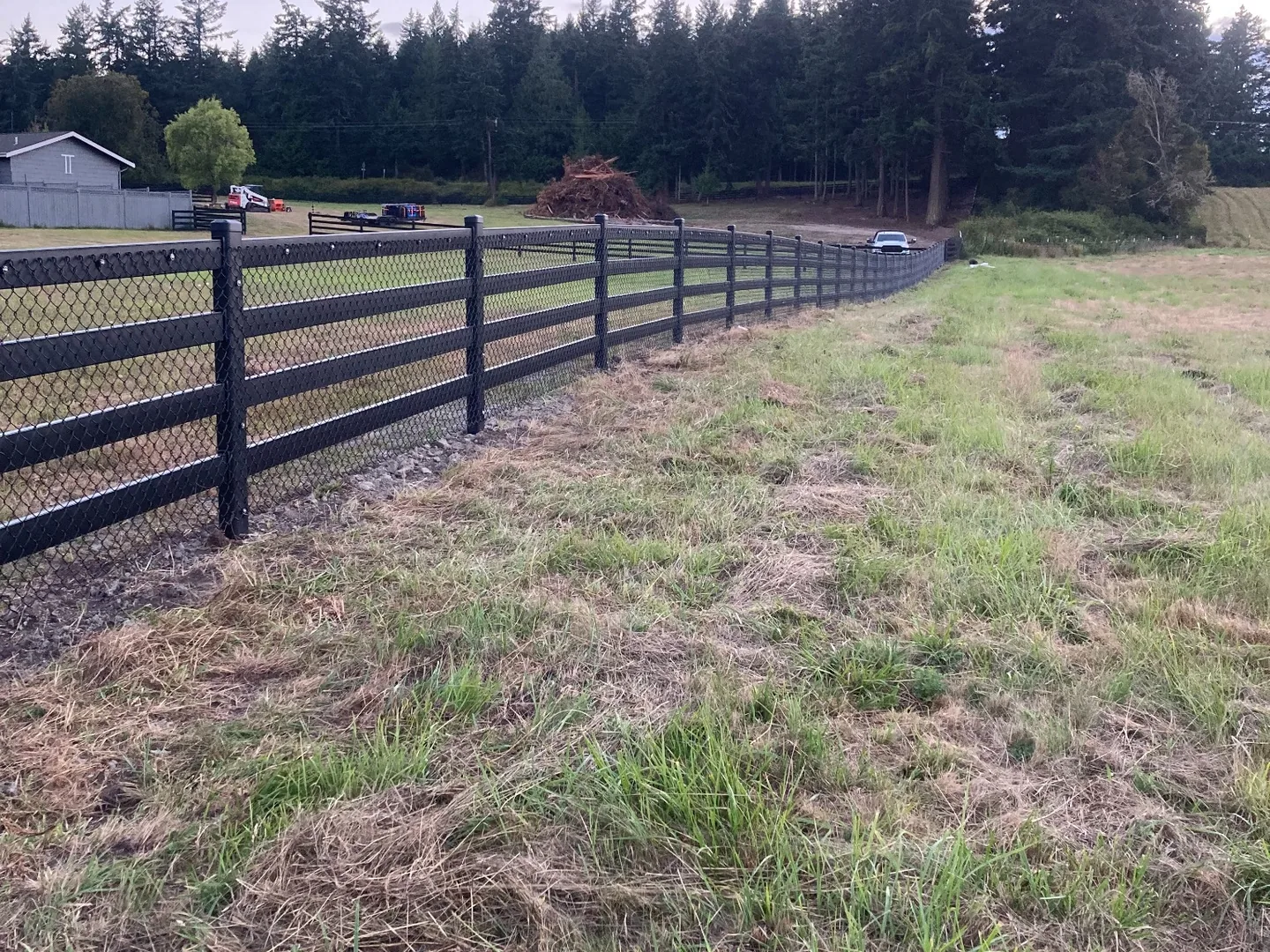 Long perspective of black chain-link infill with Buckley Steel Board fence on San Juan Island
