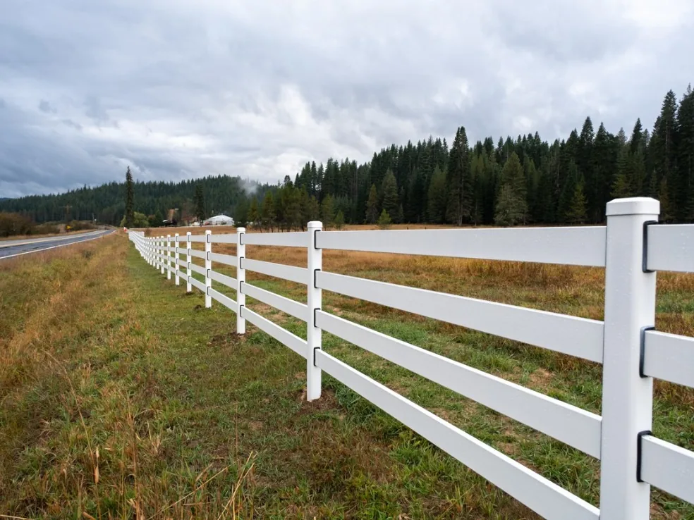 Long overcast view of white Buckley Steel Board fencing at the Clarkia horse property