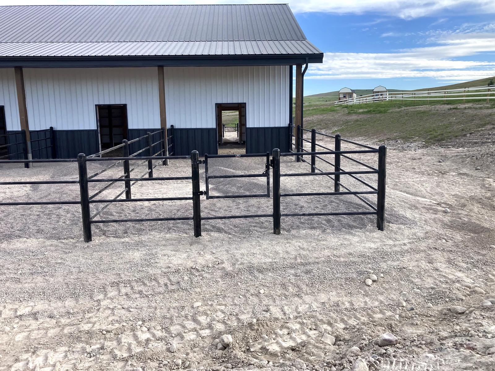 Black Priefert Estate Fence front corral at the Montana barn paddocks