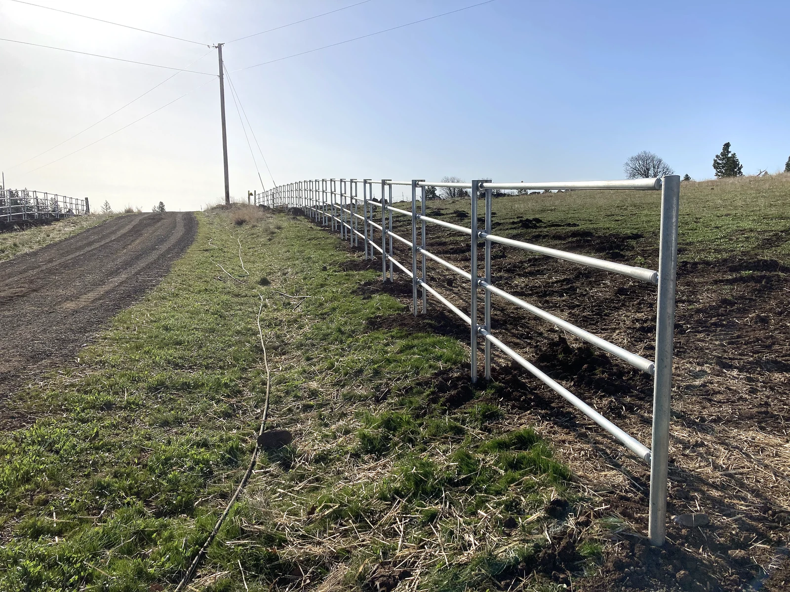 Four-rail Noble Contour fence following the uphill driveway in Goldendale, Washington