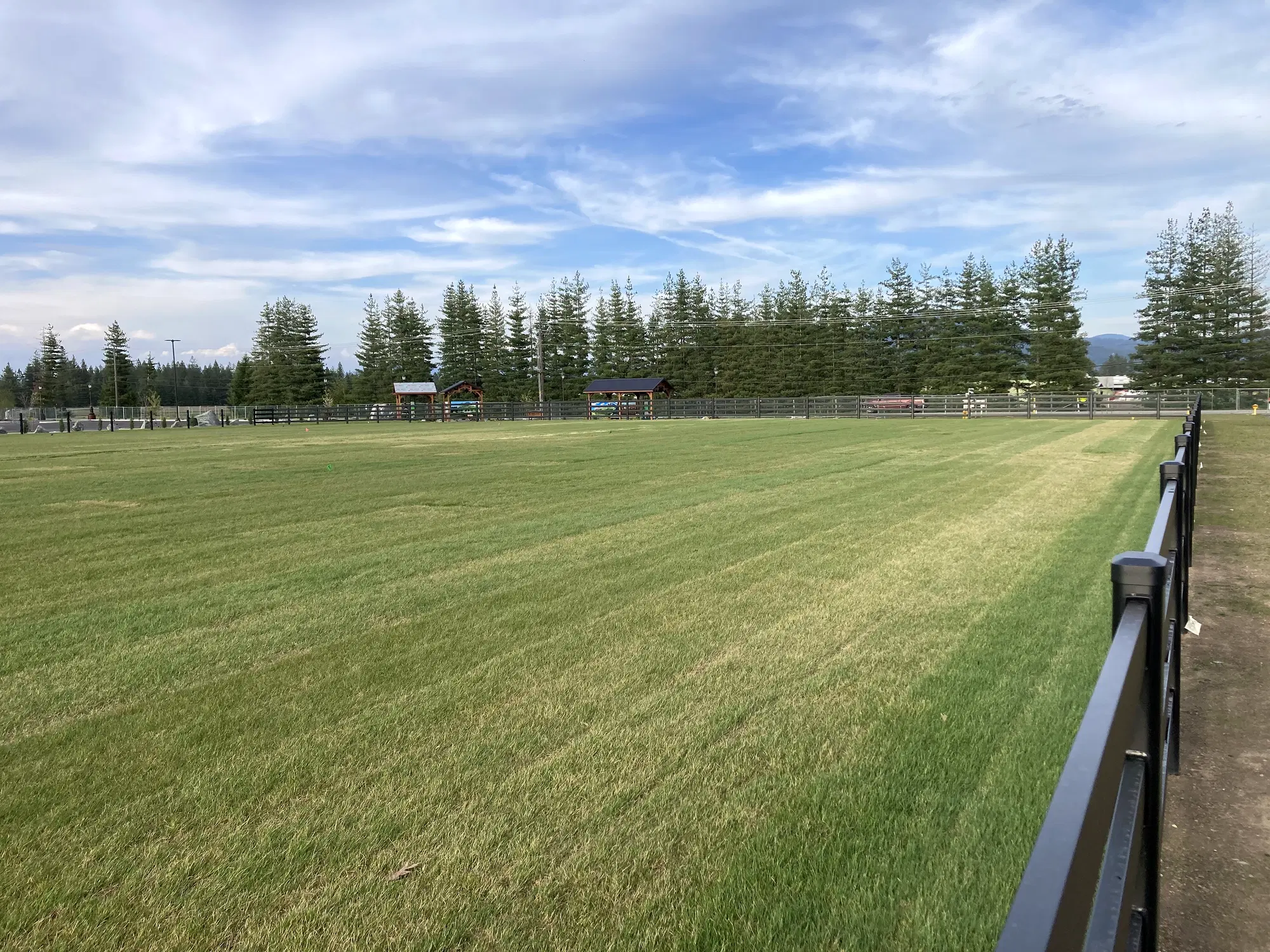 Field and tree-line overview at Faith Walk Community Fitness Park in Coeur d'Alene, Idaho