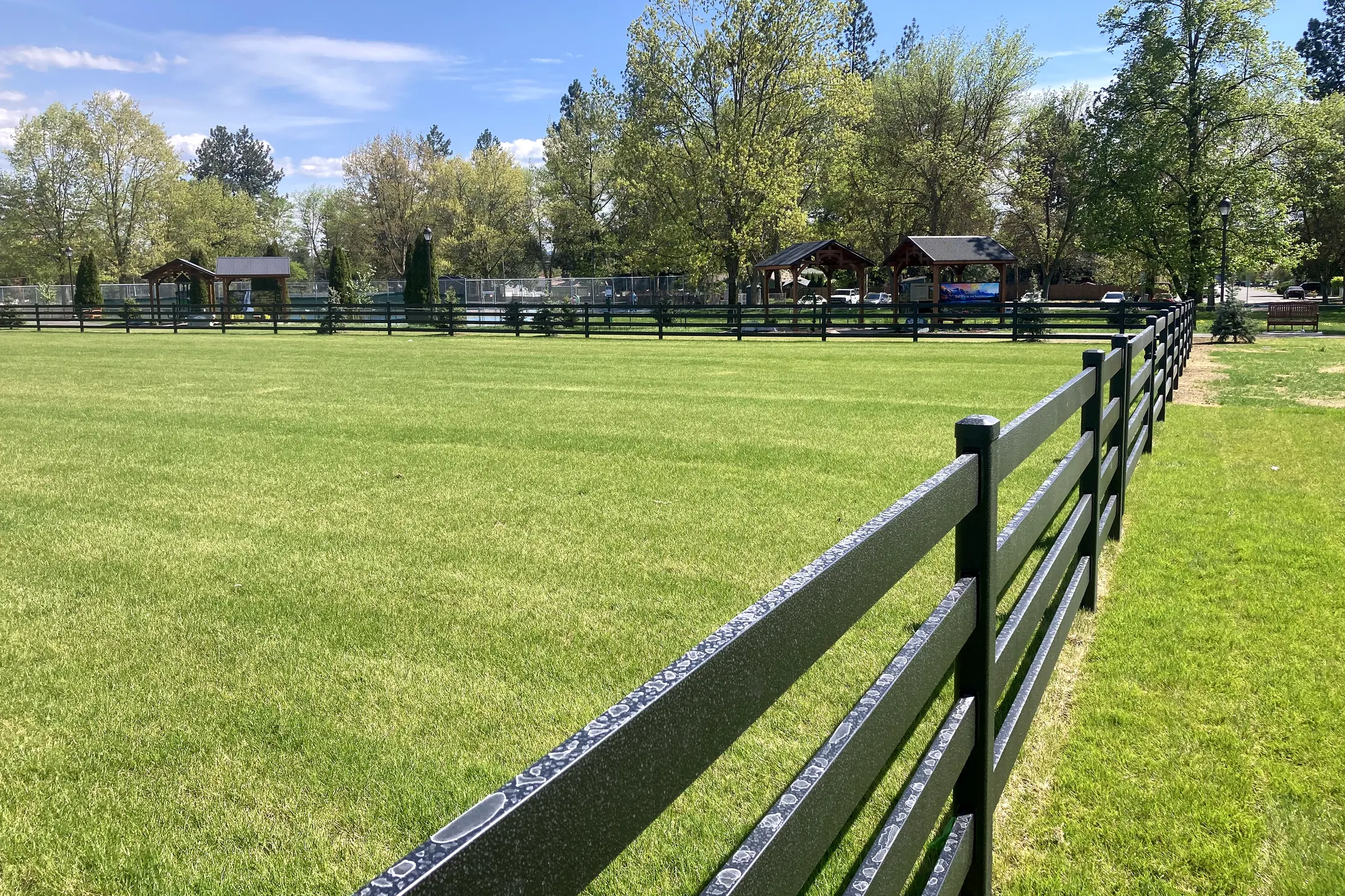 Buckley Steel Board fence bordering the ball field at Faith Walk Community Fitness Park in Coeur d'Alene, Idaho