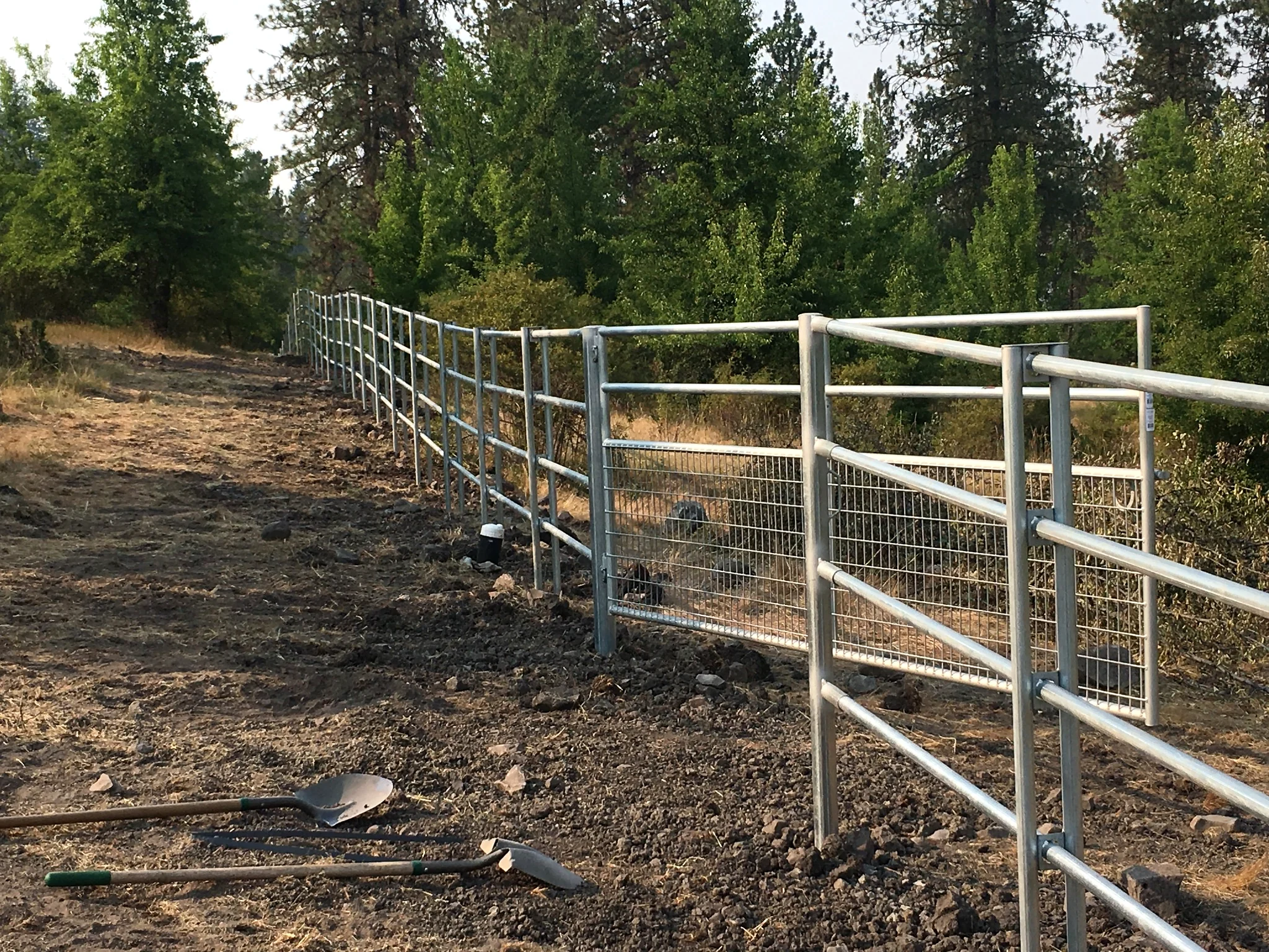 Noble Contour fence with mesh gate during installation on the Stites-area ranch