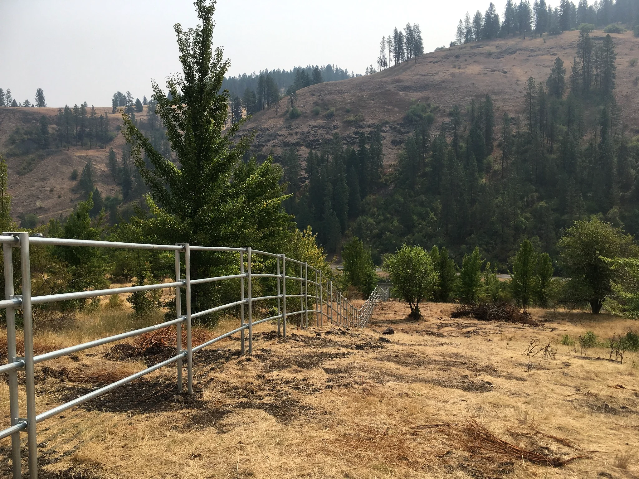 Noble Contour fence crossing a steep slope with mountain backdrop near Stites, Idaho